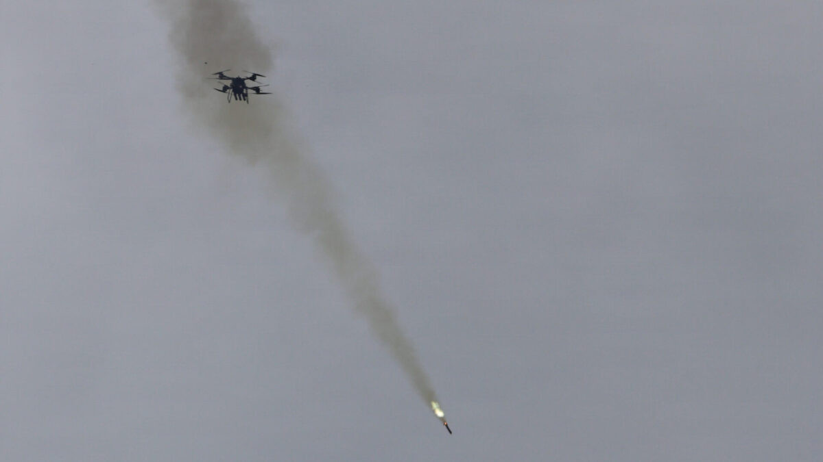 Cargo drone shoots down multiple attack drones with laser-guided rockets